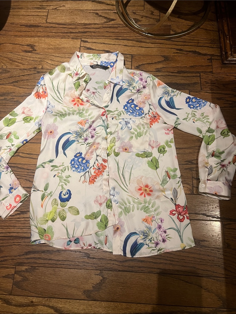 Zara Cream Floral Button-Up Blouse with Blue & Green Accents made in Morocco